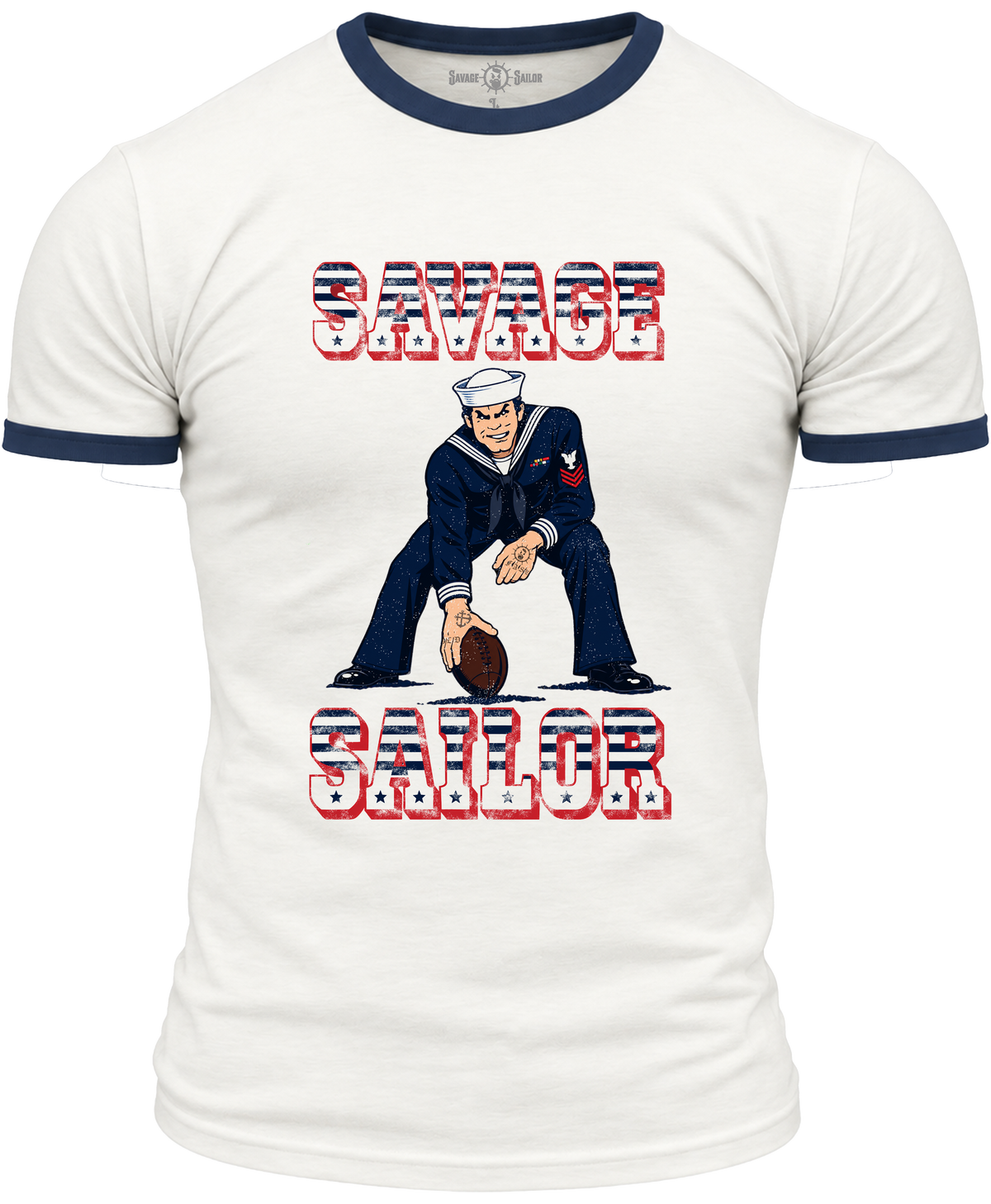 PRE-ORDER Savage Gridiron Ringer T-Shirt - White/Navy (w/free sticker)